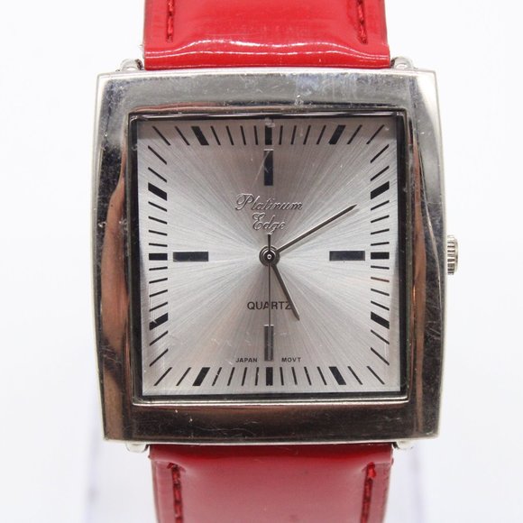 Platinum Edge Watch Womens Silver Tone Stainless Steel Big Face Red Leather Band - Picture 3 of 8